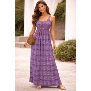 Fresh Produce Womens Purple Geometric Medallion Smocked Boho Maxi Dress M